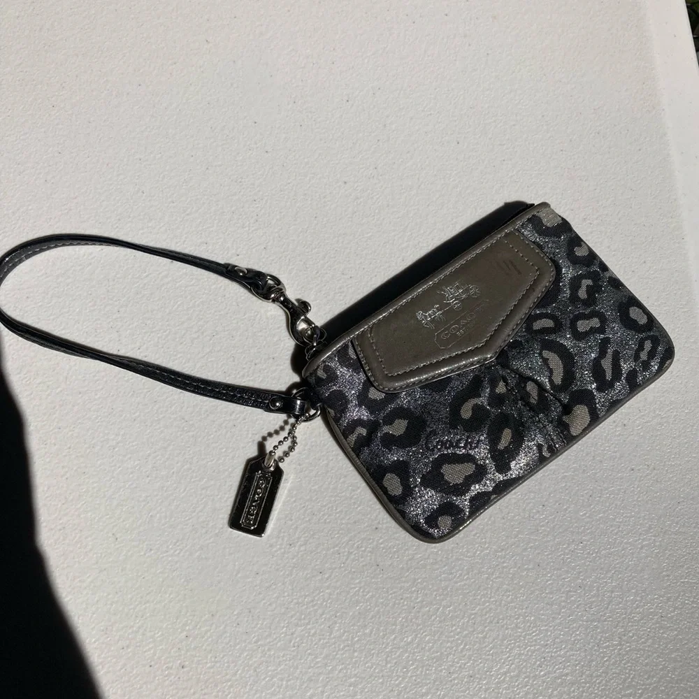 Coach Metallic Silver Glitter Sparkle Leopard Print Zipper Pouch Wristlet Wallet